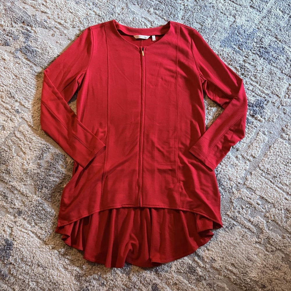Soft Surroundings Blouse Womens Small Red Zip Front High Low Peplum Tunic Top